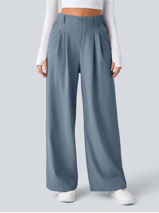 HALARA Pants - HALARA Wide Leg Pleated Pants in Dusty Blue